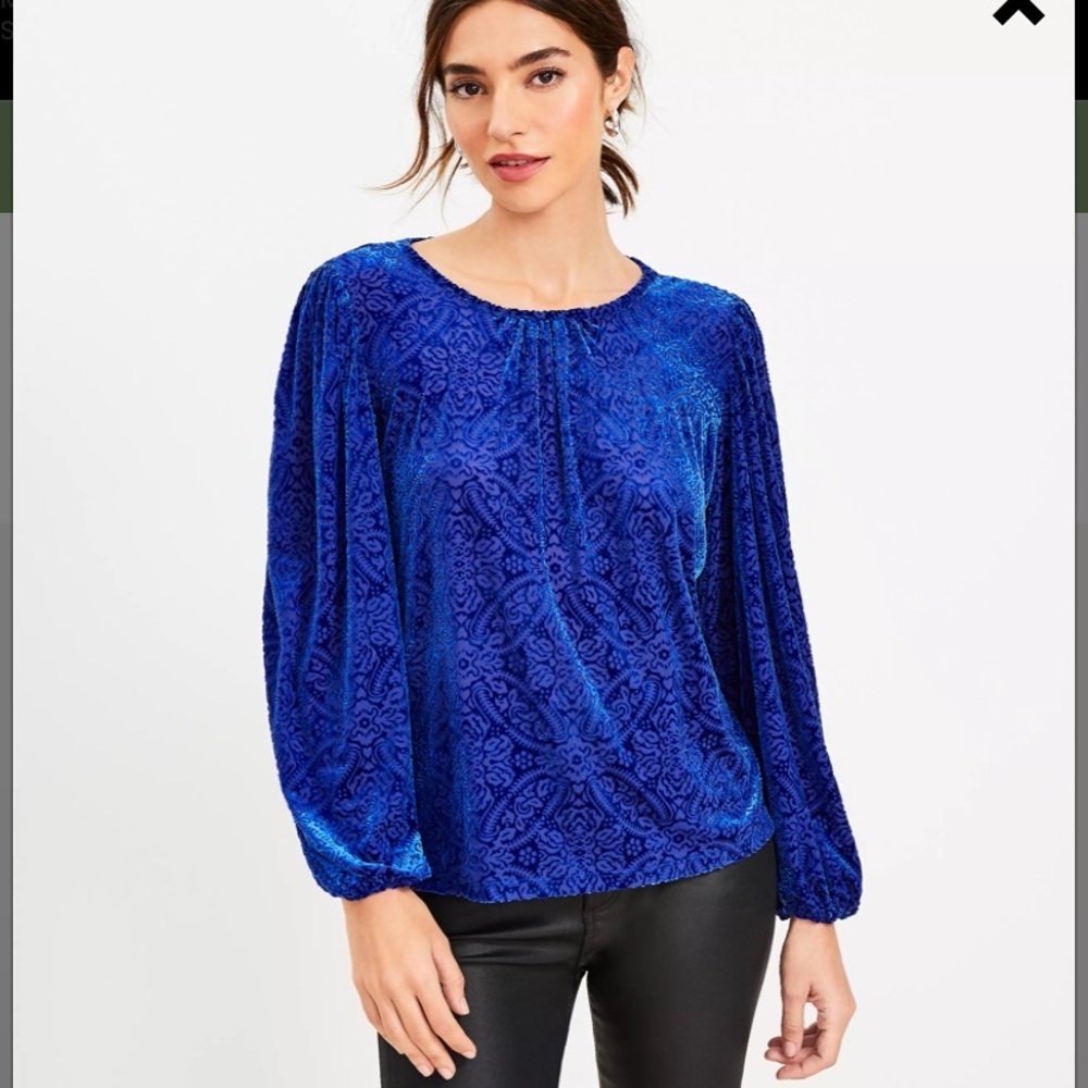 Talbots Velvet Burnout Mosaic Long Sleeve Floral Blouse Royal Blue Size LARGE